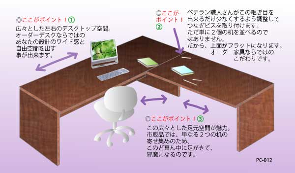 パソコンデスク（L字型デスク）、広々使えるコーナータイプ。 | オーダー家具自社製作、全国販売「リーデ」安心安い、ぴったり棚、特注設計相談